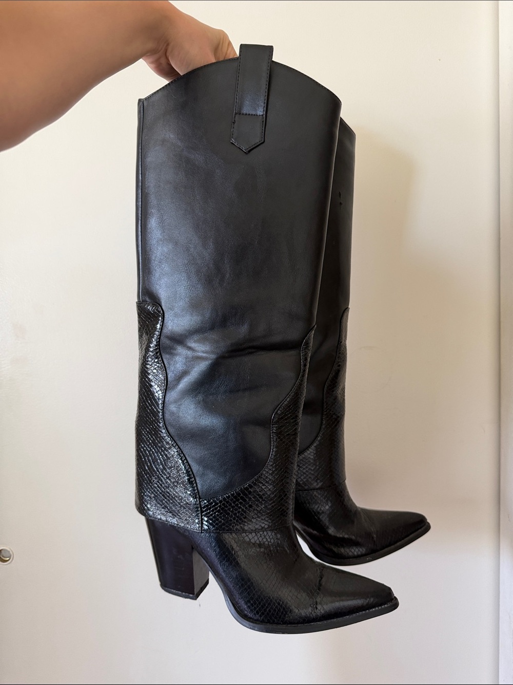 Classic Black Faux Leather Western Knee-High Boots